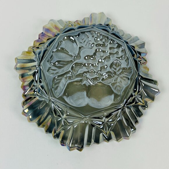 Vintage Carnival Glass Fruit Bowl Iridescent Clear Gray Scalloped Diamond Rim - Picture 7 of 10